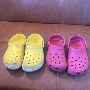 Red and yellow crocs (2 pairs) size 2 kids